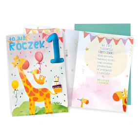 Kartka Urodzinowa kolorowa z kopertą Roczek Pierwsze 1 Urodziny Żyrafa - 1