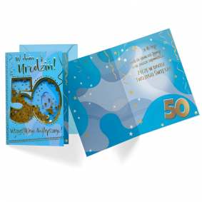Kartka Urodzinowa na 50 Urodziny Pięćdziesiątka niebieska złota z kopertą - 1