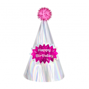 CZAPKA Czapeczka urodzinowa z pomponem holograficzna srebrna różowa - 1