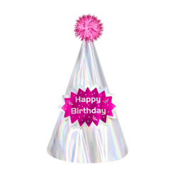 CZAPKA Czapeczka urodzinowa z pomponem holograficzna srebrna różowa - 1