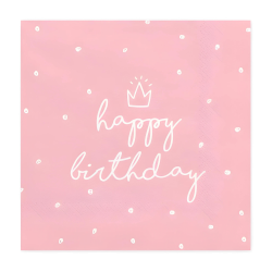 Serwetki papierowe urodzinowe korona Happy Birthday pudrowo-różowe 20szt