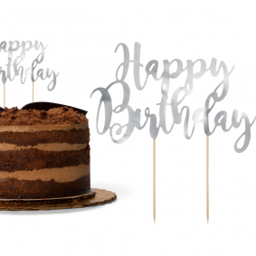 Topper na piku na tort urodzinowy srebrny Happy Birthday na urodziny 23cm - 1