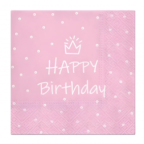 Serwetki papierowe urodzinowe korona HAPPY Birthday pudrowo-różowe 20szt - 1