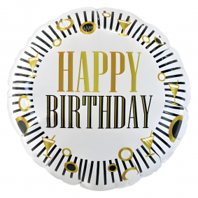Balon foliowy okrągły biały złoty urodzinowy paski Happy Birthday 36cm - 1