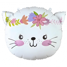 Balon foliowy biały uroczy Kot Kotek z kolorowym wiankiem 44cm - 1