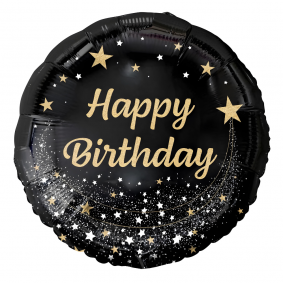 Balon foliowy urodzinowy okrągły Happy Birthday czarny złoty brokat 45cm - 1