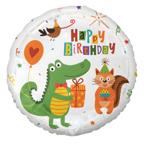 Balon foliowy urodzinowy okrągły biały Happy Birthday krokodyl z prezentem - 1