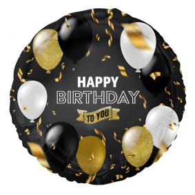 Balon foliowy urodzinowy okrągły czarny złoty Happy Birthday To You 36cm - 1