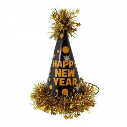 Czapeczka na sylwestra Happy New Year złota pompon